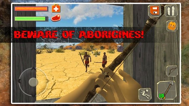 A screengrab from a video game that says "Beware of Aborigines" with a bow and arrow pointed at Aboriginal figures.
