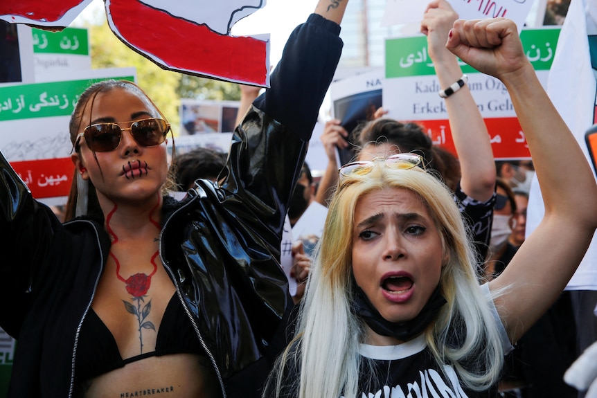 Two women hold their fists up at a protest 