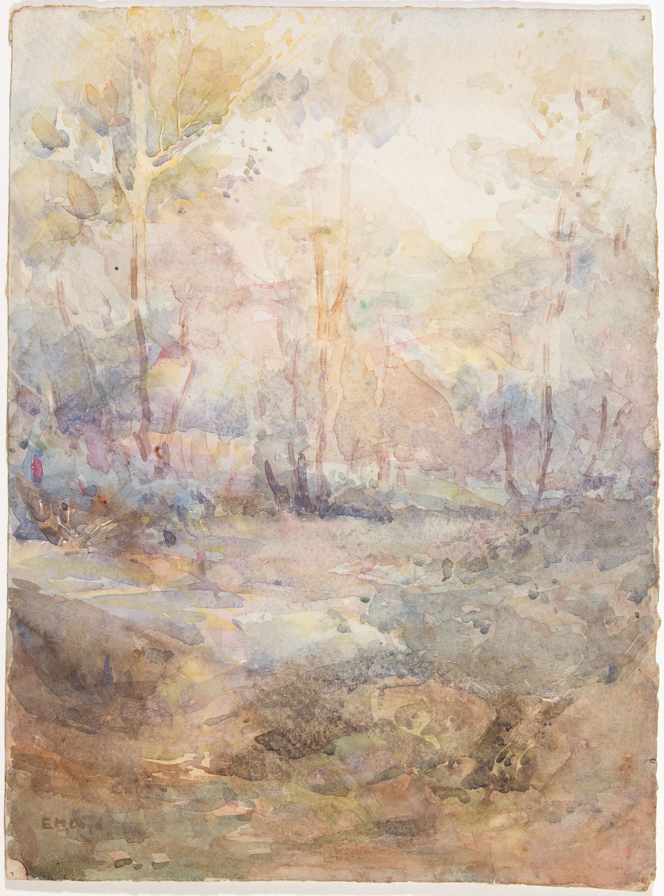 Uma antiga pintura em aquarela C19 de eucaliptos em um vale, usando as cores roxa, azul e verde.