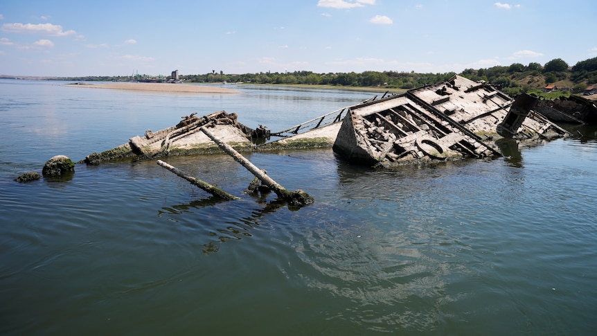 Wreckage of a World War II German warship in the Danube
