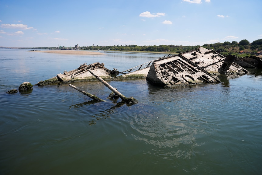 Wreckage of a World War II German warship in the Danube