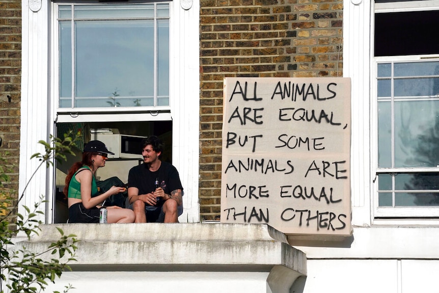 You view a brown-brick row house where two people are sitting on a window stoop with a sign that quotes George Orwell's 1984.