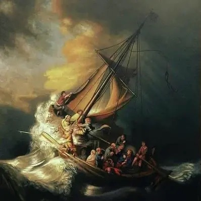 A Rembrandt painting titled 'The Storm on the Sea of Galilee', showing people on a small boat in rough waves in the sea.
