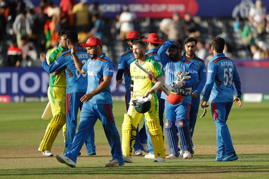 A batsman walks off after a Cricket World Cup match, as the opposing team stand on the pitch.