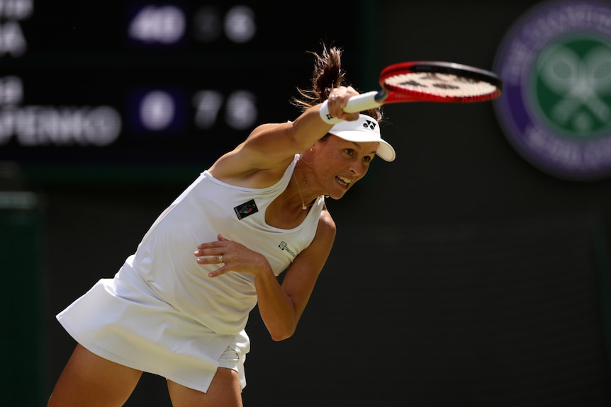 Close up of Tatjana Maria of Germany serving against Jelena Ostapenko