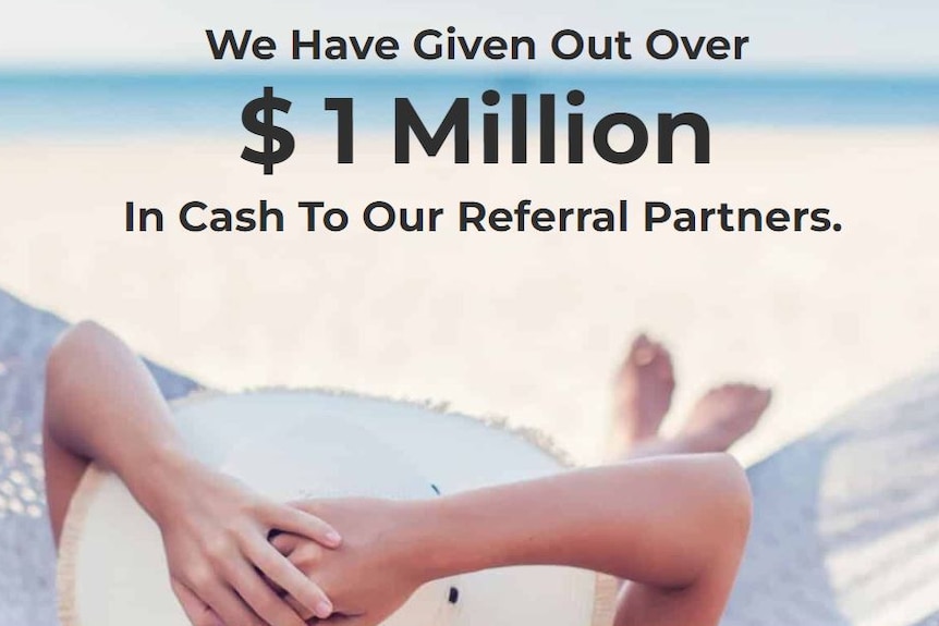 A webpage shows a woman on a hammock with the text "We have given out over $1 million in cash for our referral partners.