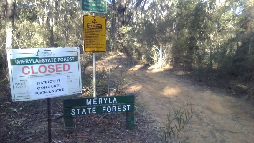 Closed signs at the entrance to Meryla State Forest.