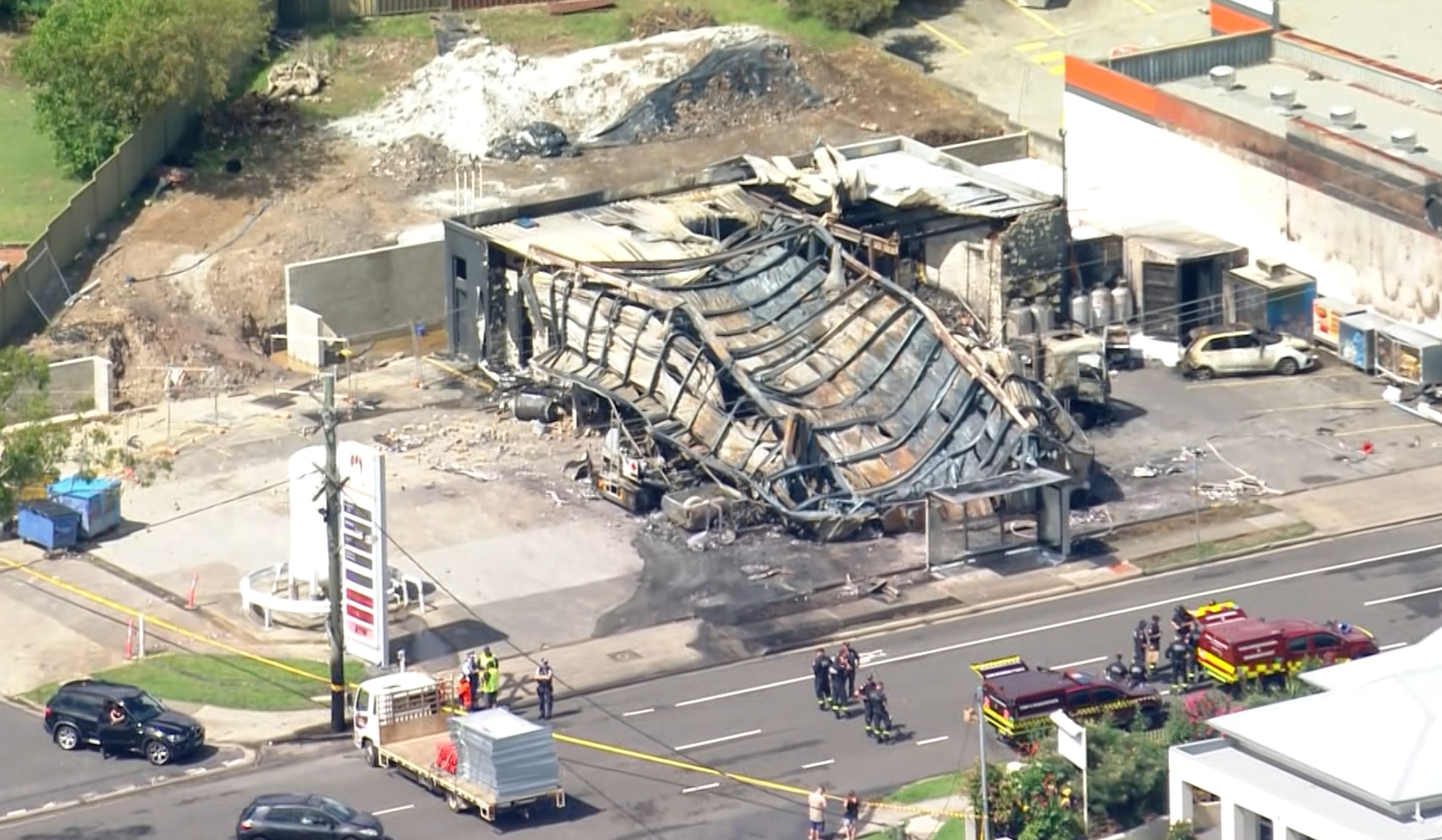 A burnt out petrol station in South Sydney.
