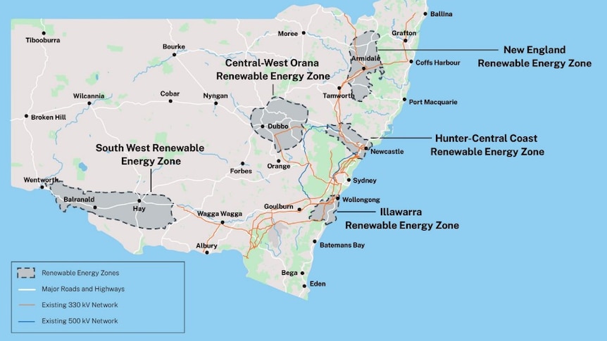 A map of NSW showing five energy zones, New England, Hunter-Central Coast, Illawarra, Central-West Orana, South West Renewable.