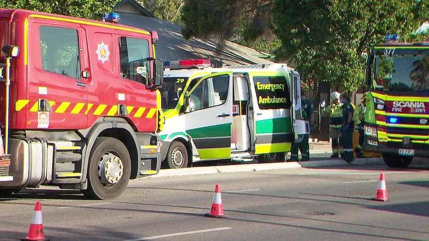Two red fire trucks with an ambulance in the middle parked on a road, with cones blocking off the area