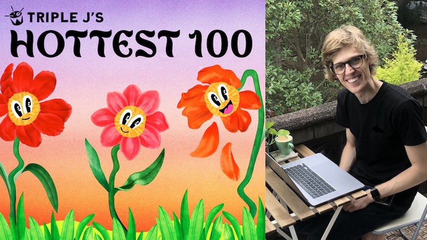 triple j Hottest 100 logo with three illustrated flowers smiling, next to photo of white man sitting at table with laptop