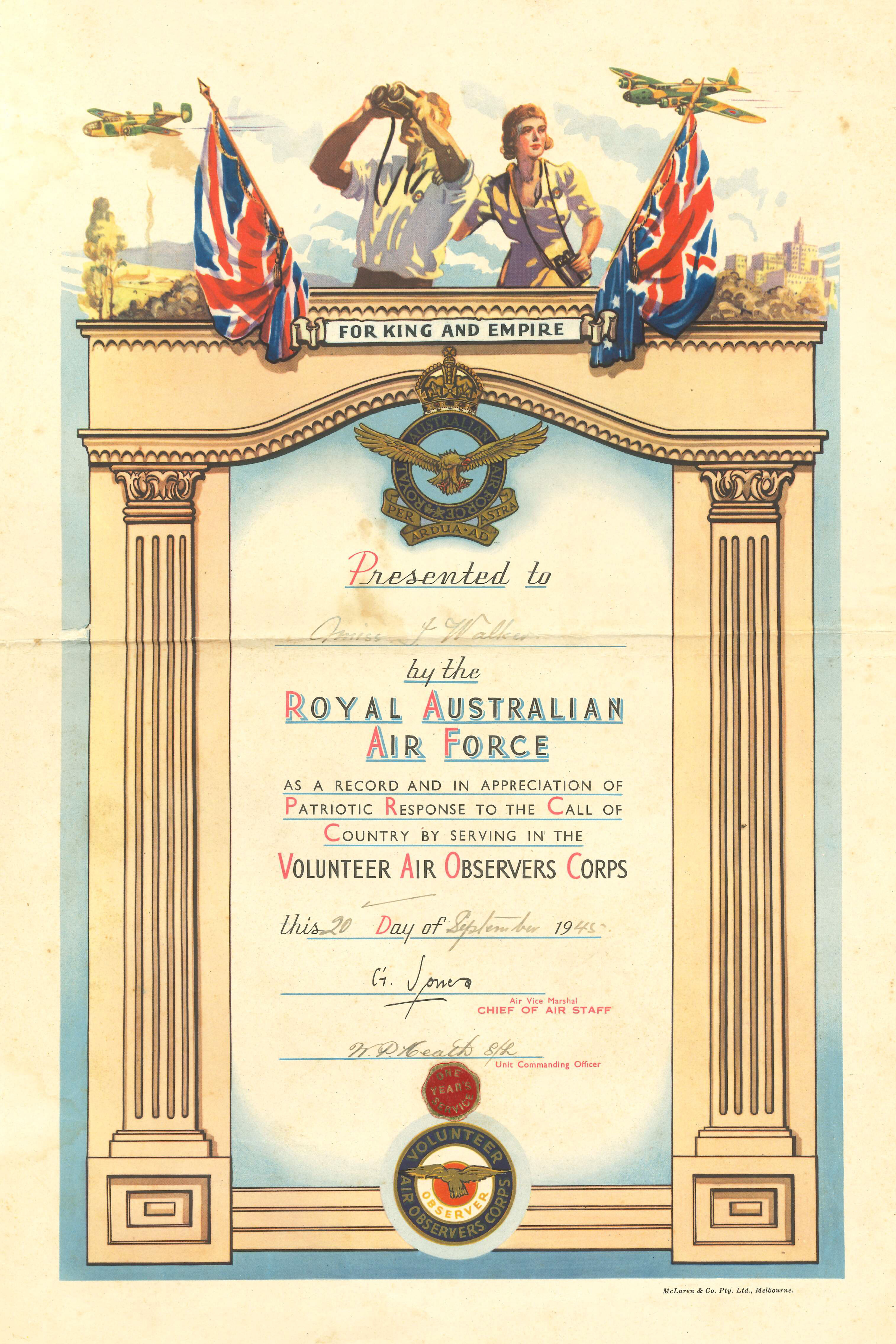 Irene Walker's 1945 Royal Australian Air Force certificate for air observation