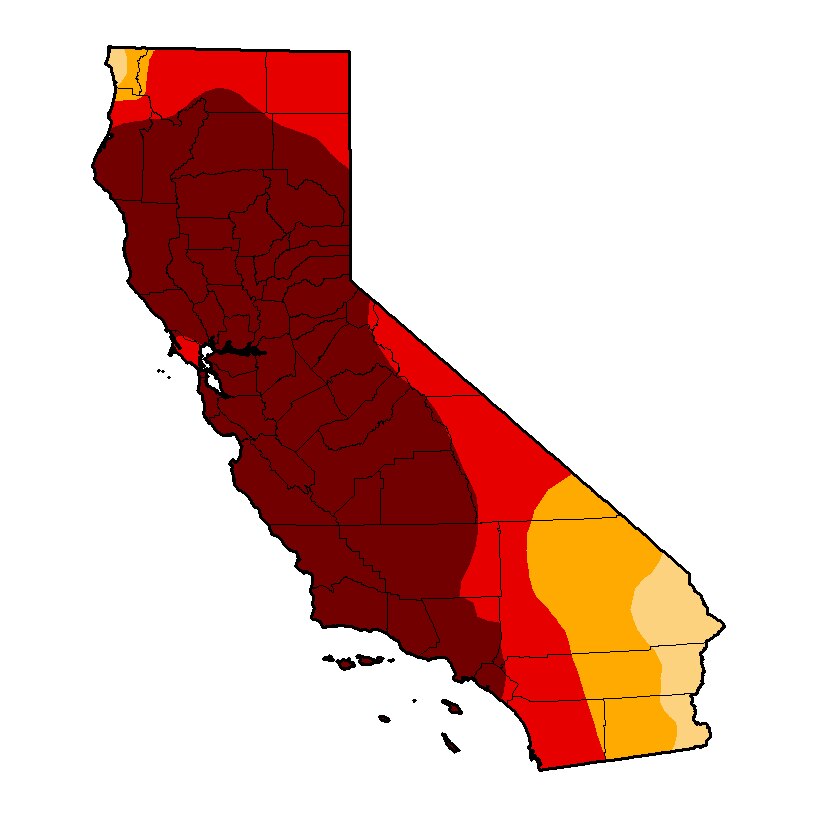 Map of California dominated by dark red - depicting exceptional drought