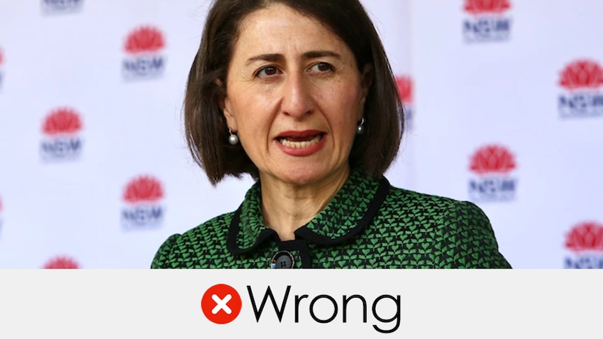 Gladys Berejiklian speaking at a media conference. The verdict "wrong" is displayed under her with a red cross