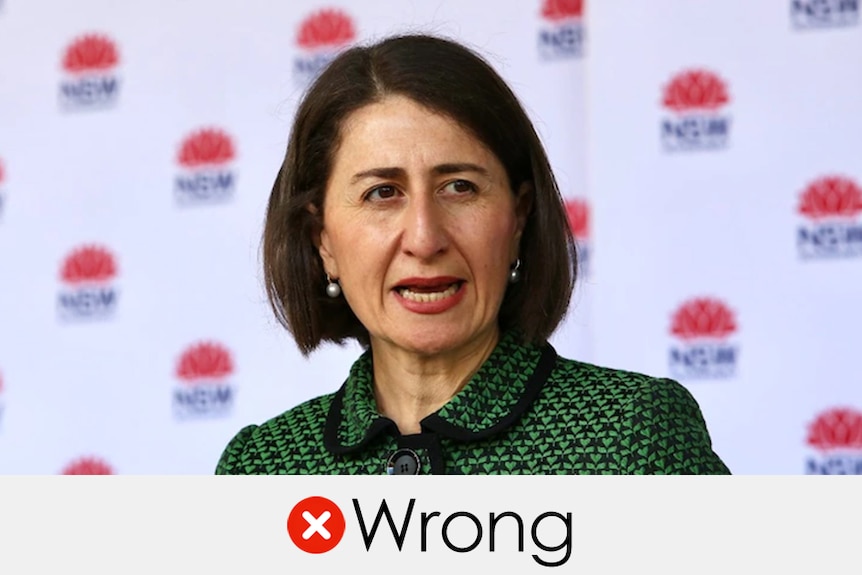 Gladys Berejiklian speaking at a media conference. The verdict "wrong" is displayed under her with a red cross