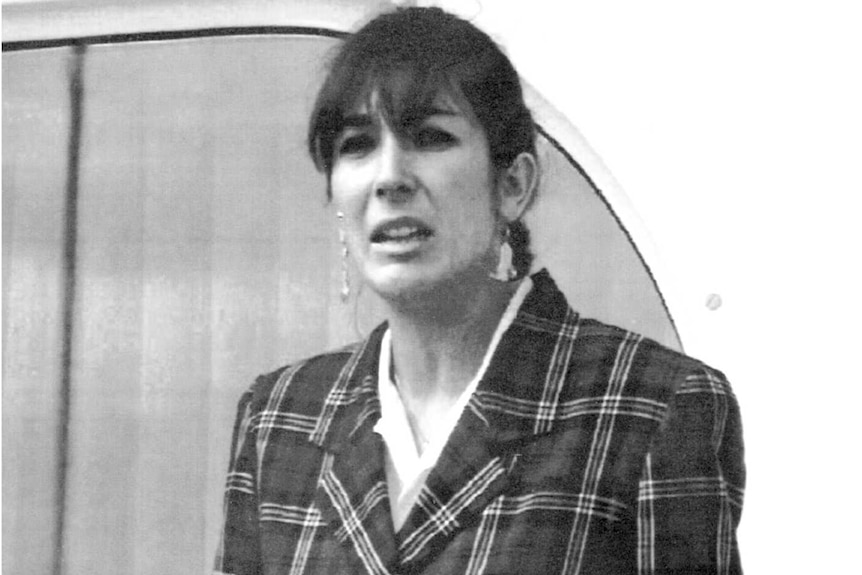 A black and white photo of Ghislaine Maxwell