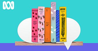 An illustrated bookshelf on a blue and purple background.