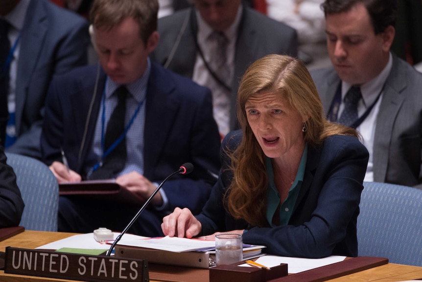 US ambassador to the UN Samantha Power speaks at the UN.