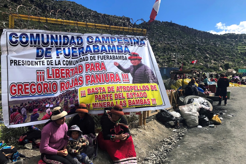 a group of protesters gather alongside a rocky road in the Andes, holding a protest banner written in Spanish.