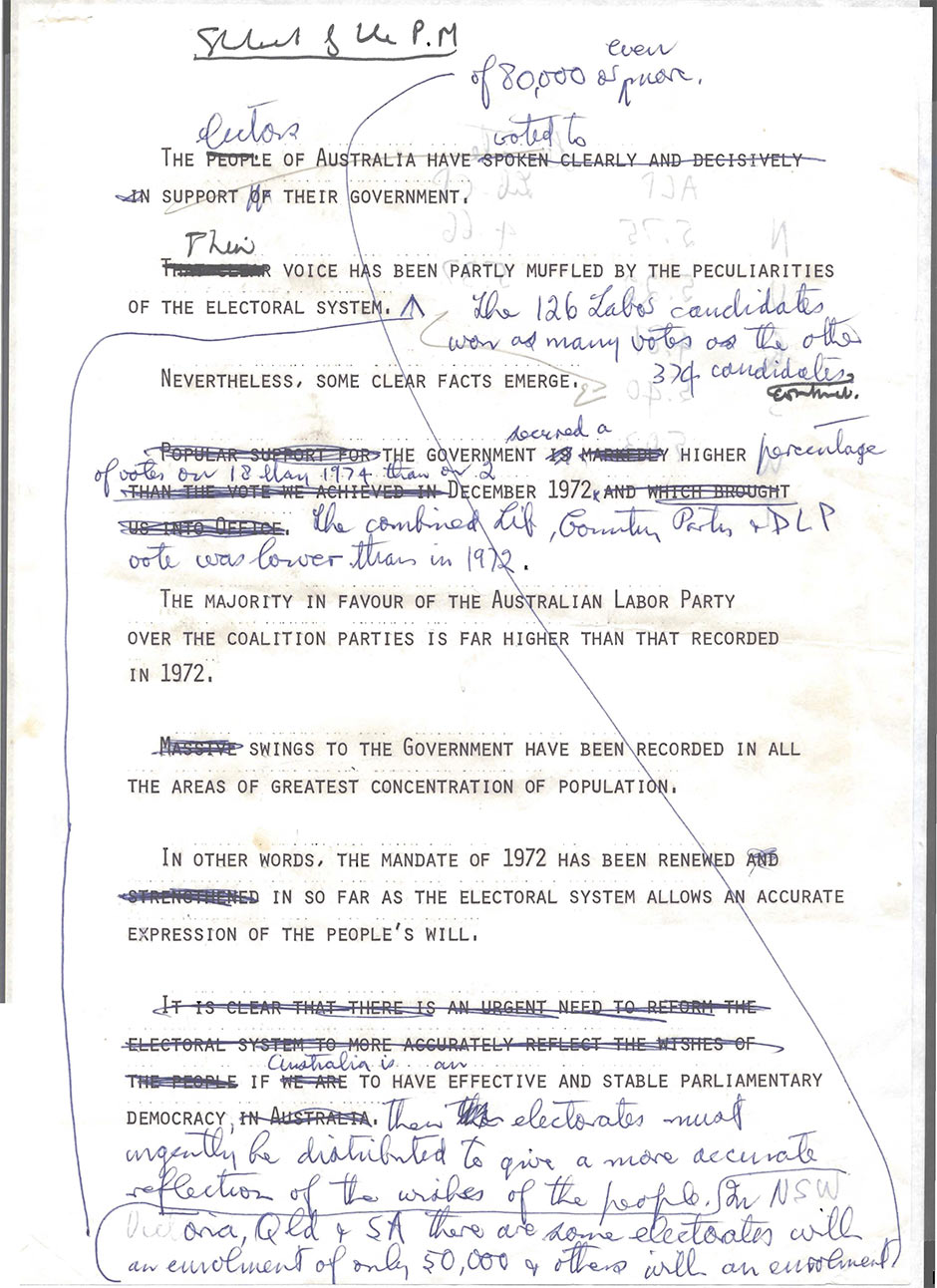 Gough Whitlam's handwritten notes cover a draft speech, which he delivered after the double dissolution election of May 1974.