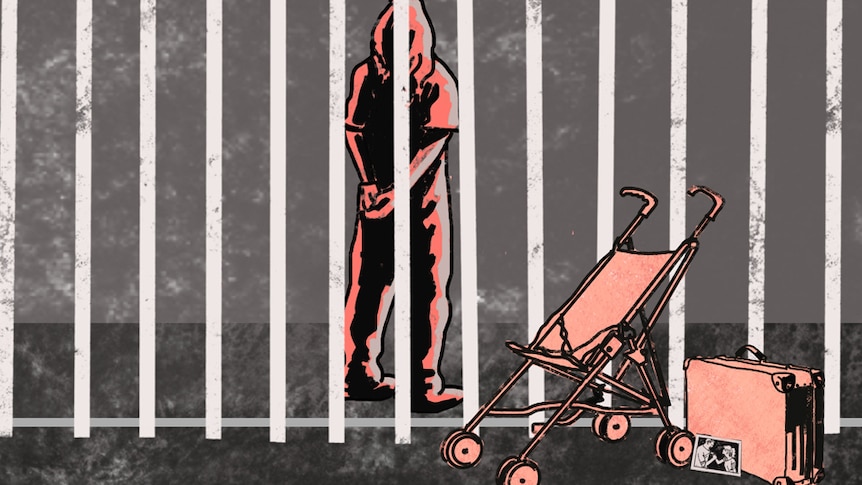 An illustration shows a female inmate behind bars, a pram and photo frame in the foreground.