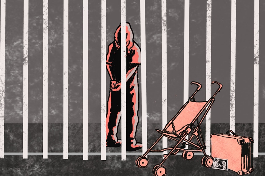 An illustration shows a female inmate behind bars, a pram and photo frame in the foreground.