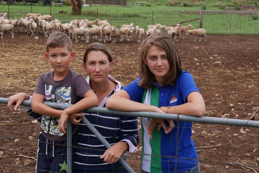 Samara Cassidy with her children Beau and Jordan lean on a gate with sheep in a pen at their property.