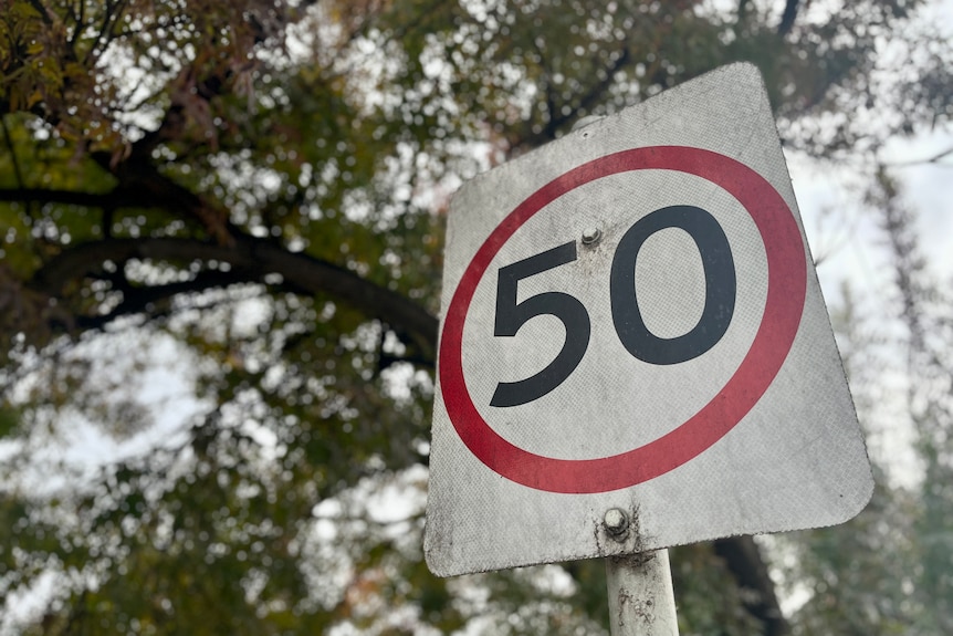 a traffic sign with the digits 5 and 0 inside a red circly. tree leaves in the background.