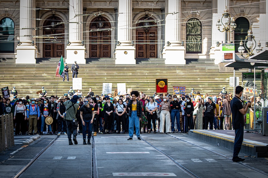 A crowd of anti-monarchy protesters outside Victoria's State Parliament.
