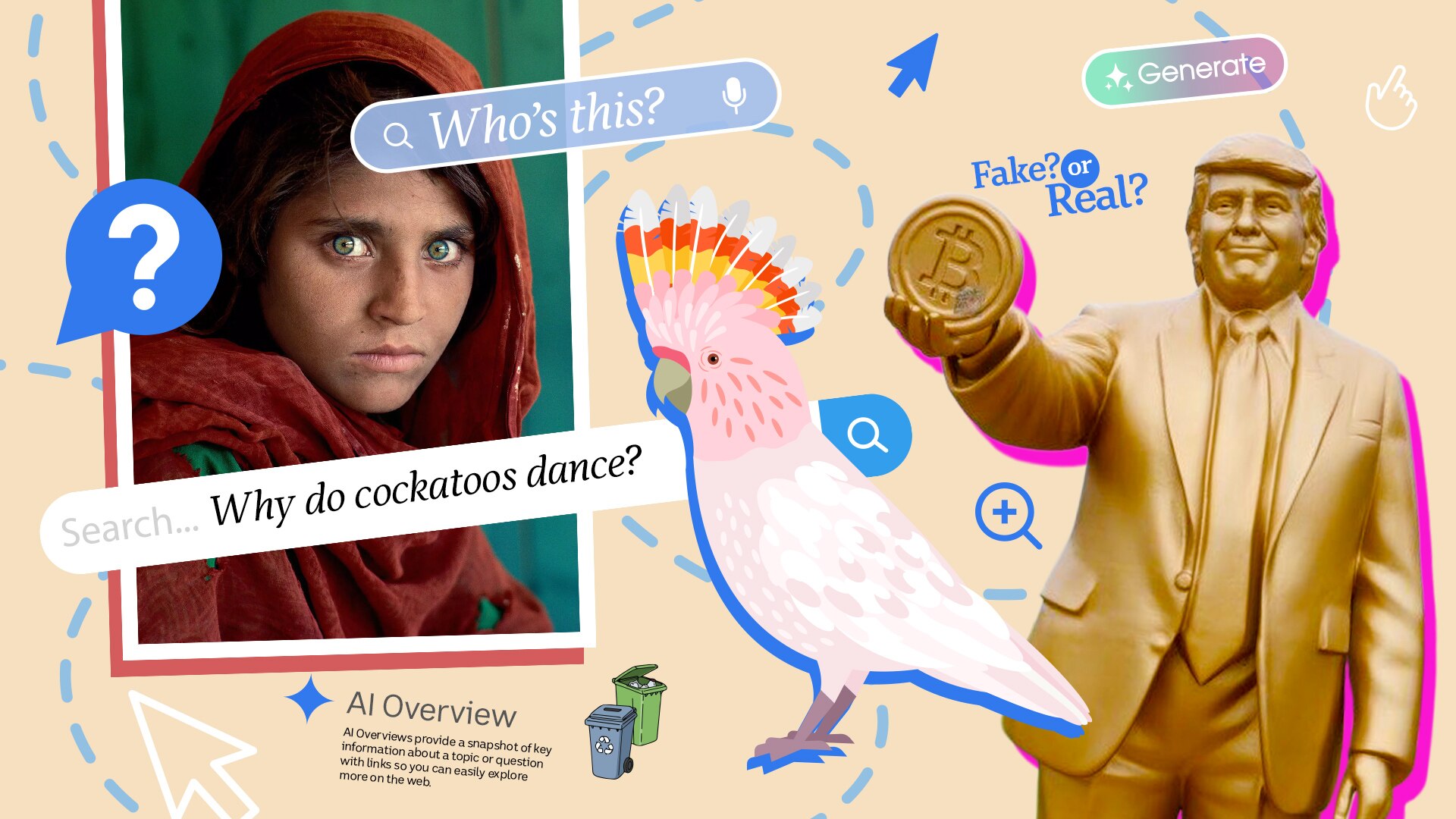 A collage of search engine input fields and random questions like 'Why do cockatoos dance?' and an illustration of one.