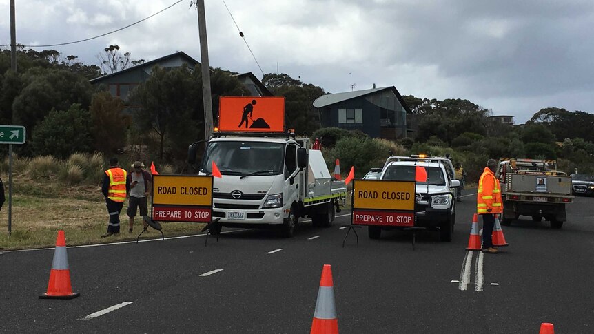 Roadblock at Skenes Creek on the Great Ocean Road.