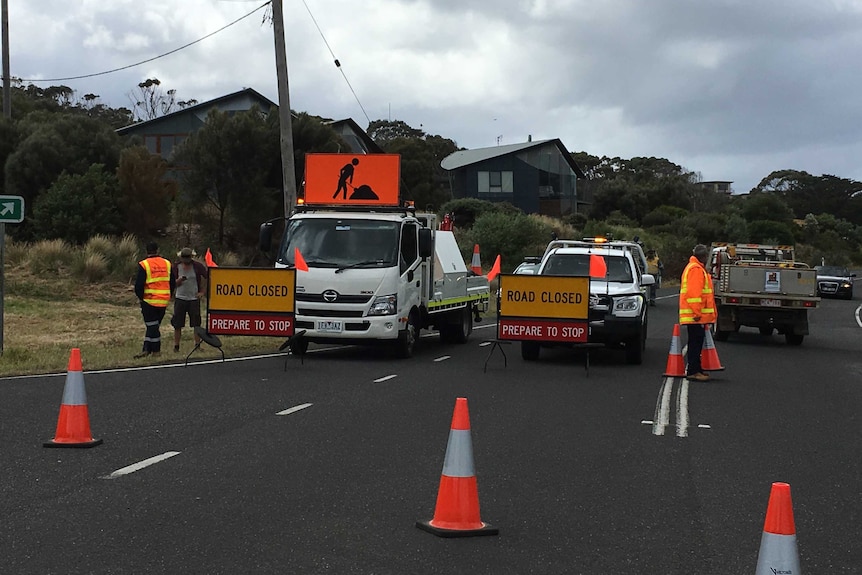 Roadblock at Skenes Creek on the Great Ocean Road.