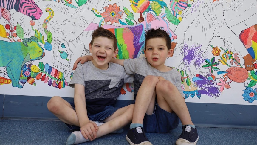 One boy smiling, one serious arms around each other sitting on floor in front of colourful mural
