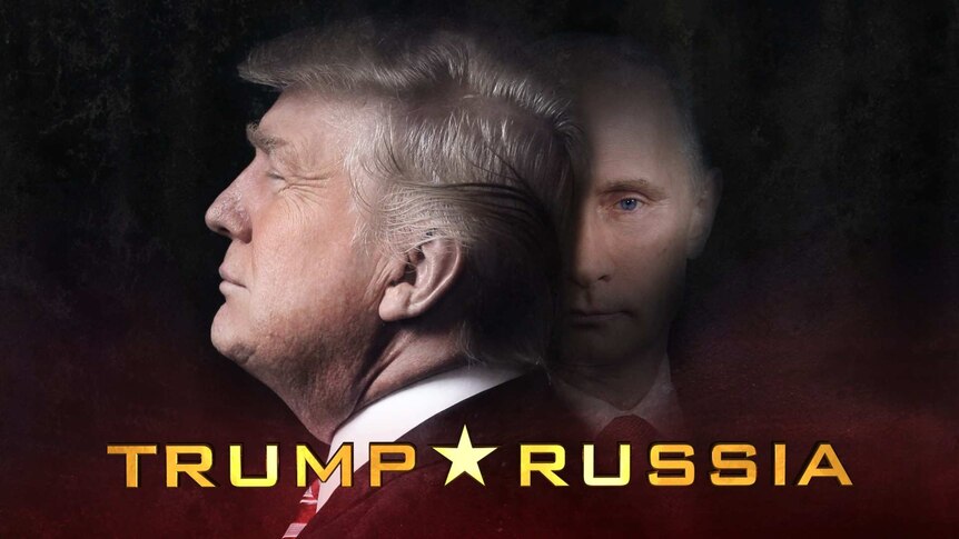 Side view of Trump in the forefront and front view of Putin on the background