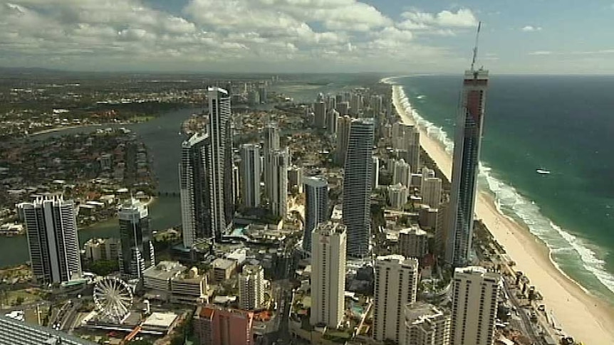 Gold Coast buildings, ocean and skyline at Surfers Paradise in south-east Queensland.