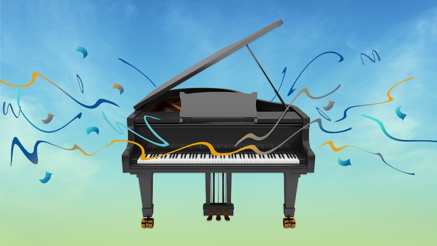 A piano floating in a blue sky.