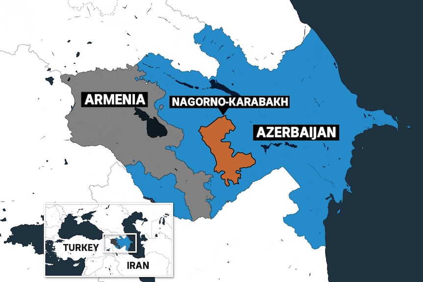 나고 르노-카라 바흐의 분쟁 지역을 보여주는 아르메니아와 아제르바이잔지도.