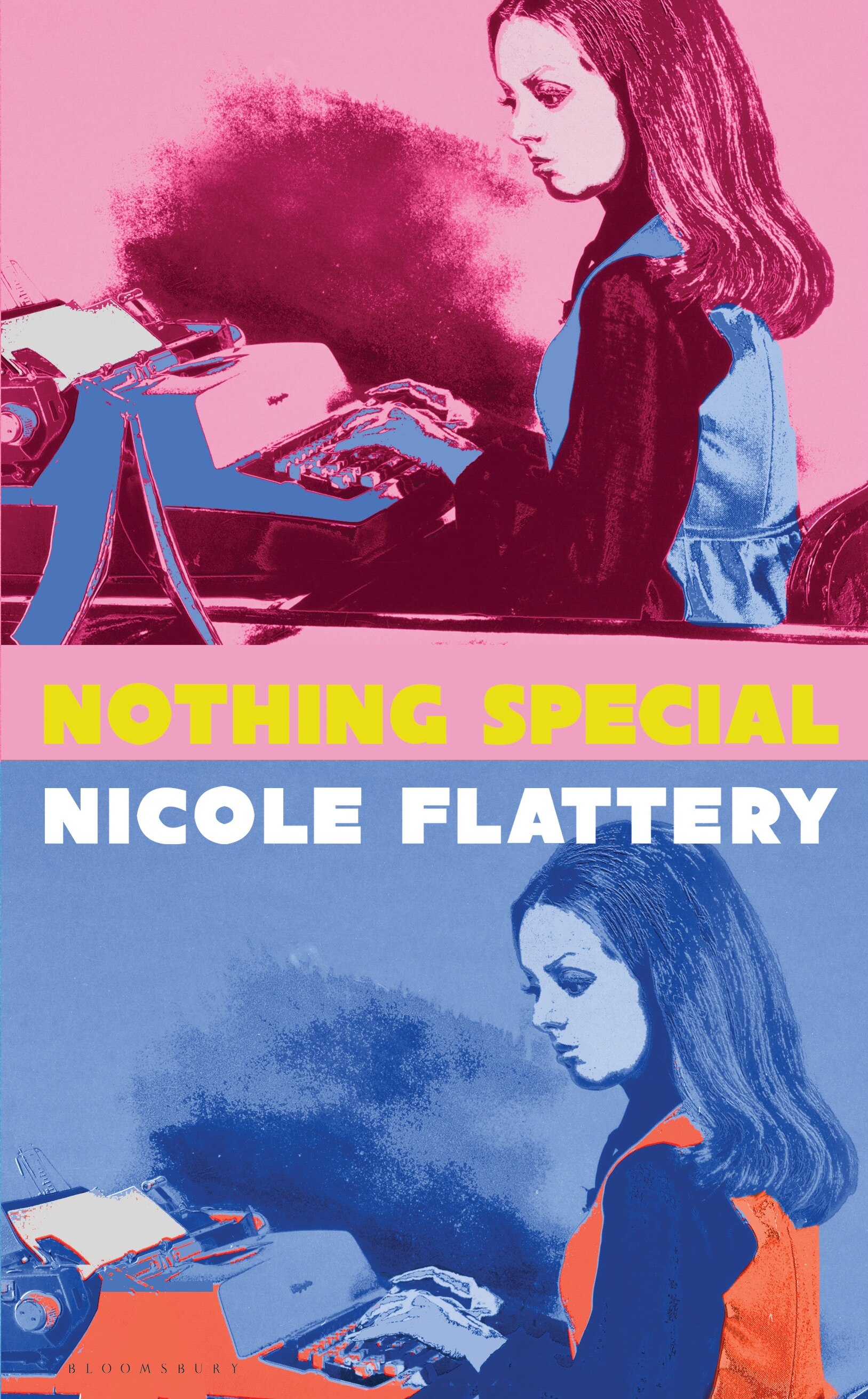 A book cover featuring a double image of a long-haired woman sitting at a typewriter; the top is pink-hued and bottom image blue