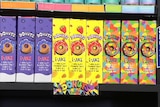 Colourfully packaged e-cigarette vaping products - E-Juice Pancake flavour - on a shelf in a store.