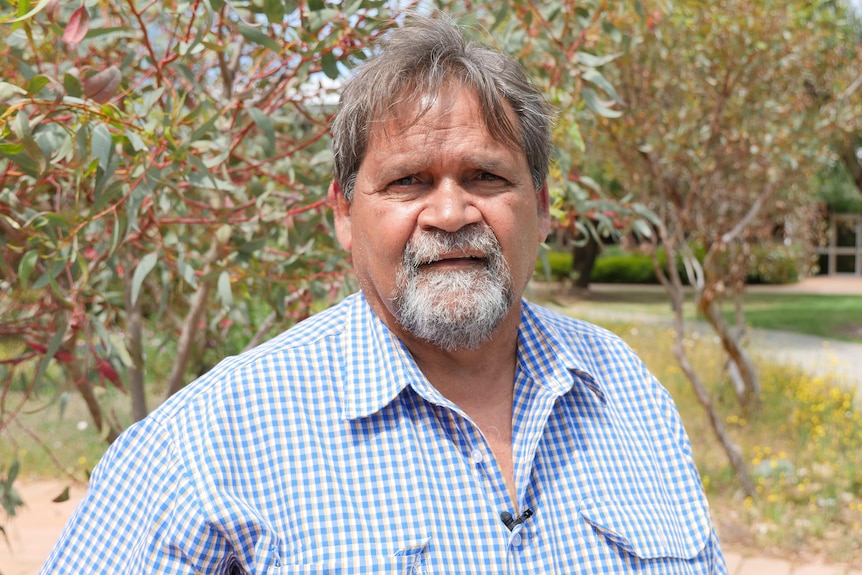 An Aboriginal man with a tree behinf him.