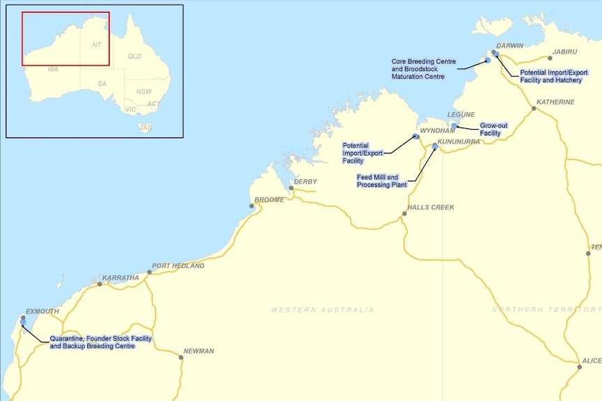 A map showing the NT and WA. Some locations are highlighted.