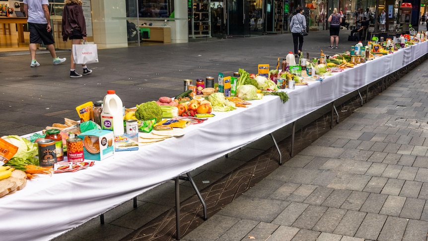 A table on Pitt Street mall in Sydney with 500kg of food on it showing the amount thrown out by the average household.