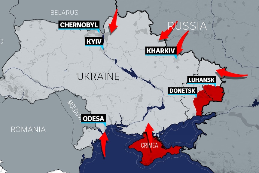 A map has superimposed red arrows pointing inwards at Ukraine from Russia, Crimea and the sea