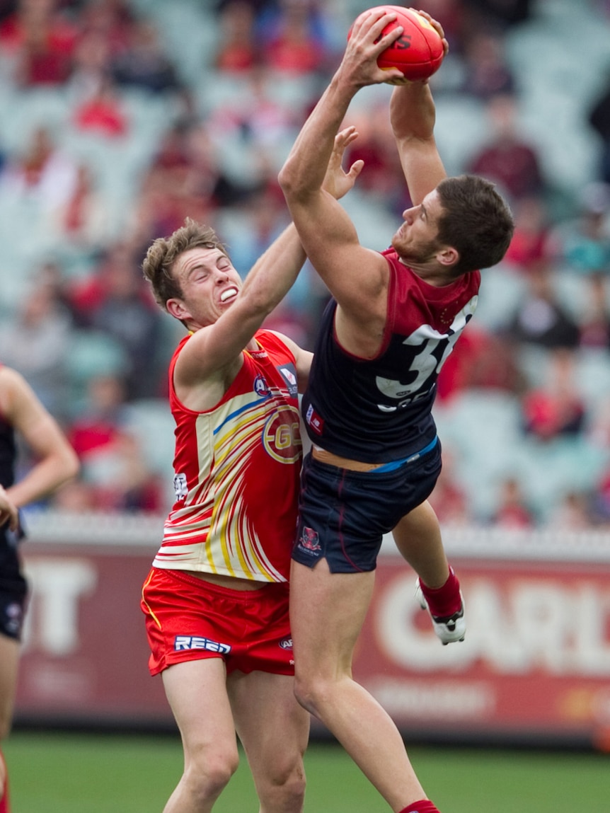 The Demons' Jeremy Howe takes a big mark over the Sun's Tom Lynch at the MCG.