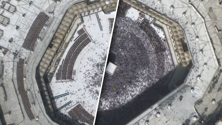 A composite satellite image of the Great Mosque and Kaaba at two different times showing lots of crowds and then hardly any.