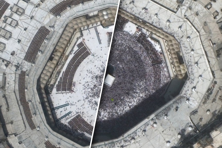 A composite satellite image of the Great Mosque and Kaaba at two different times showing lots of crowds and then hardly any.