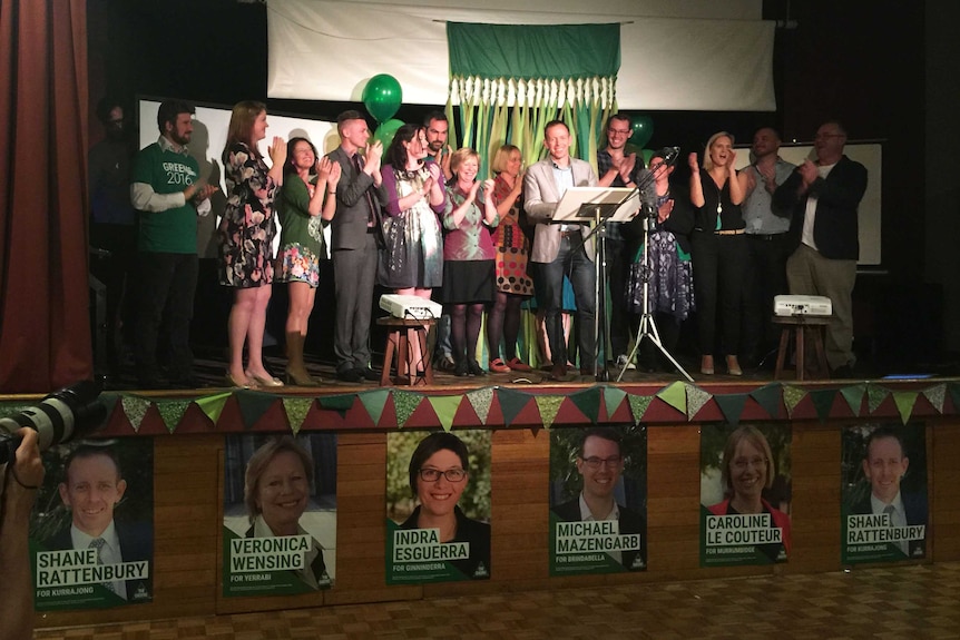Shane Rattenbury addresses the ACT Greens election party
