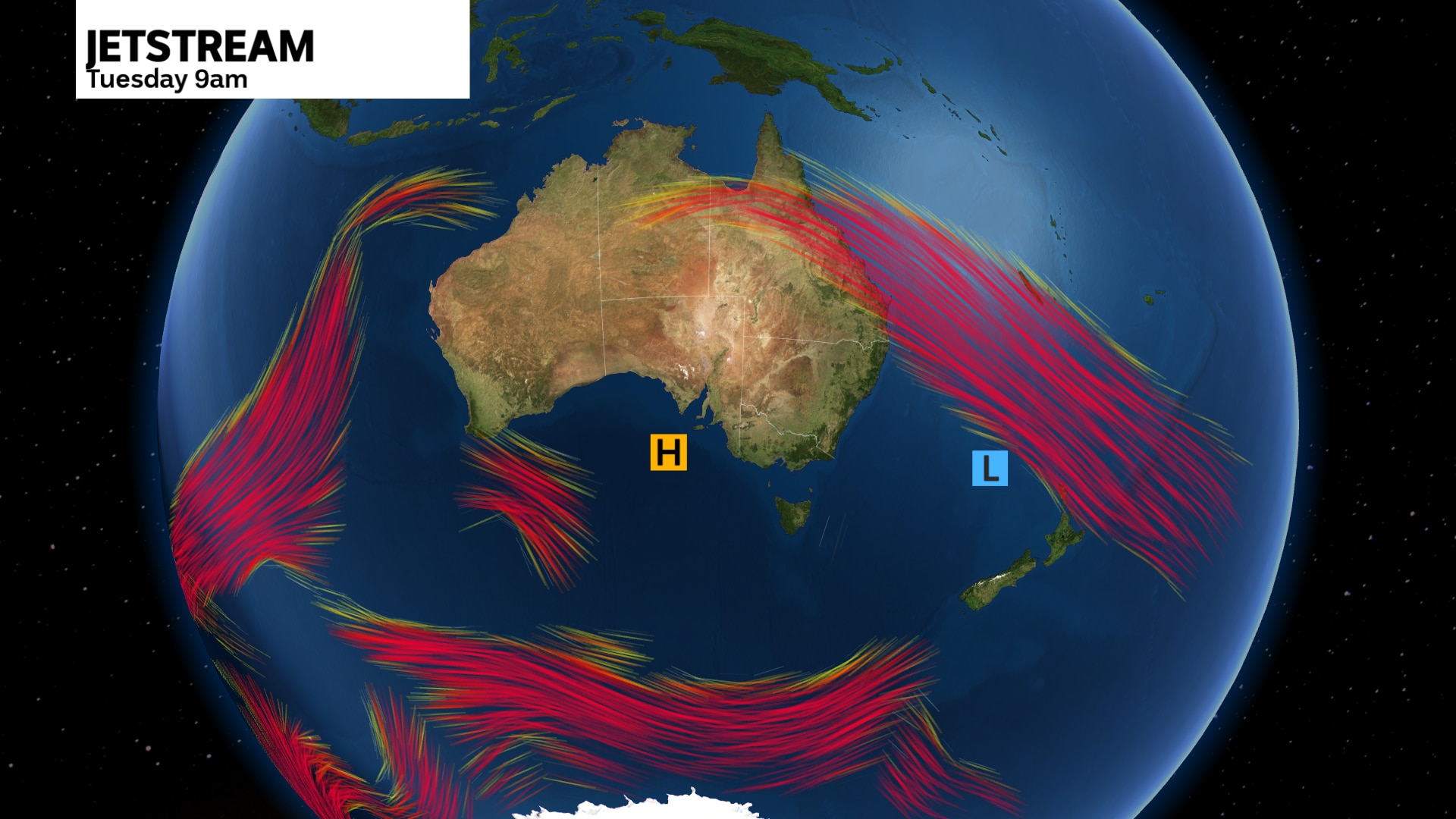 a weather map of australia showing split between the subtropical and polar jet streams allowing  high to settle in the Bight