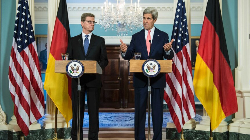 John Kerry at press conference with German foreign minister