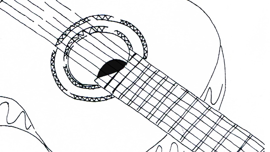 A line drawing of a guitar